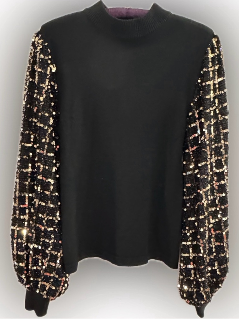 Black Mock-Neck Sweater with Sequin Puff Sleeves - Picture 3 of 9